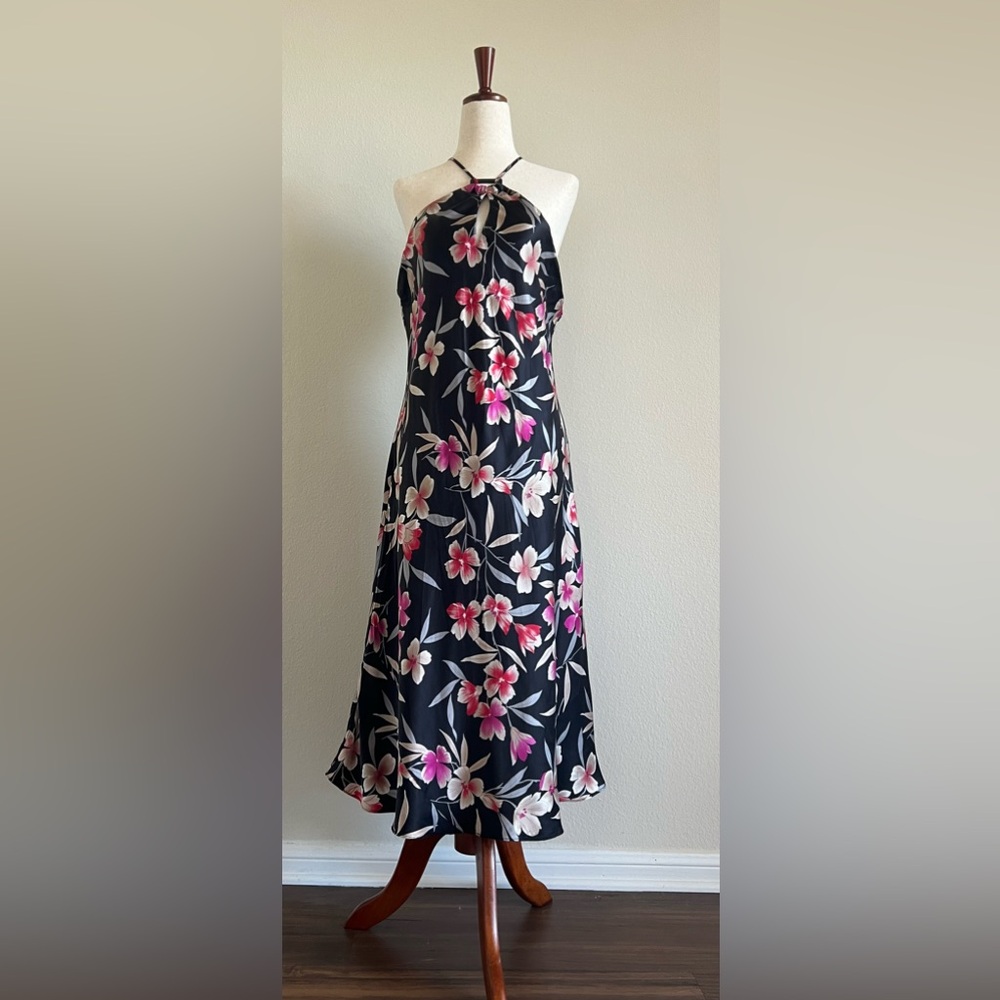 Gorgeous Planet Floral Silk Halterneck Dress Black and Pink 100% Silk - Picture 9 of 9